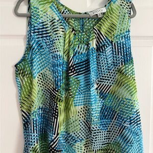 Kasper Blue and Green Sleeveless Pleated Blouse
